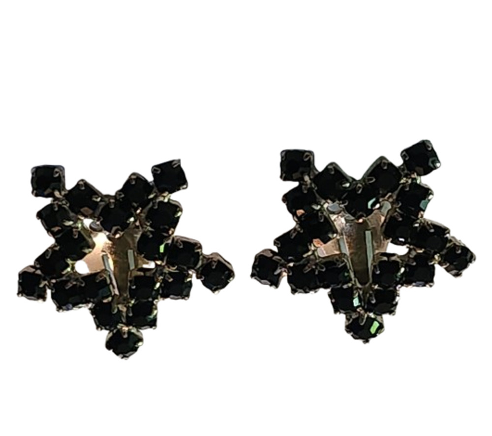 Vtg 1950s Jet Glass Prong Star Clup Earrings